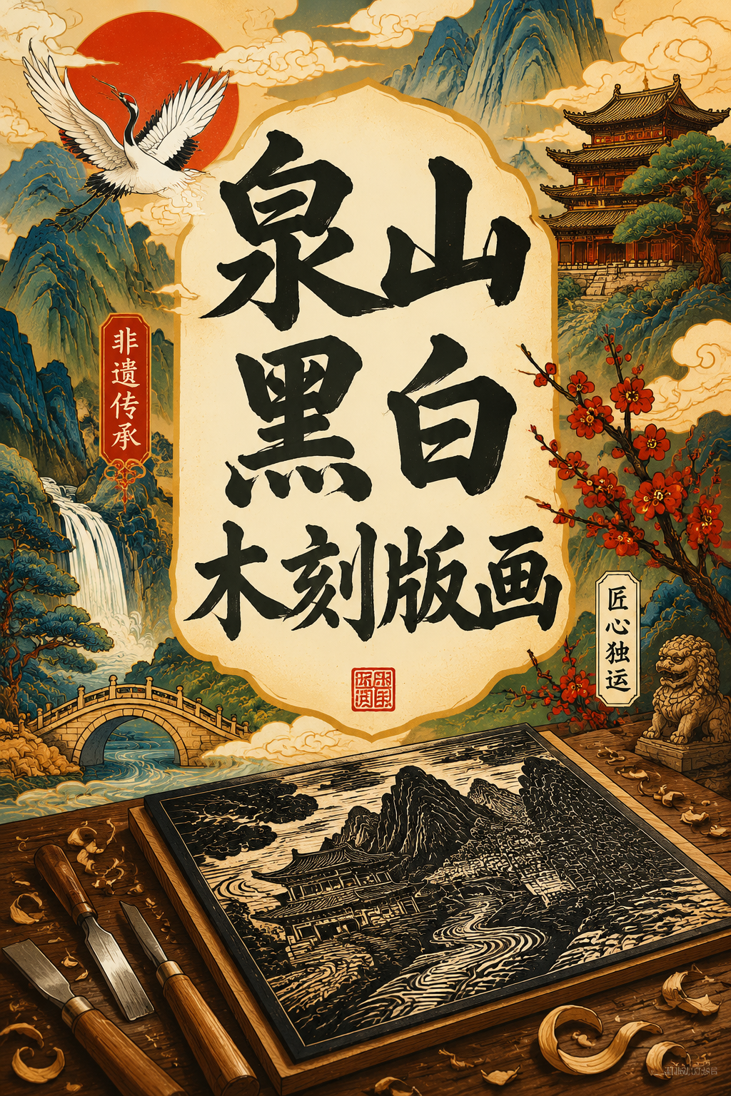 泉山黑白木刻版画